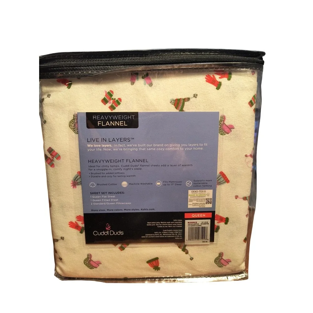 NWT Cuddl Duds‎ Queen Heavyweight Flannel Sheet Set Winter Hats Mittens Cream